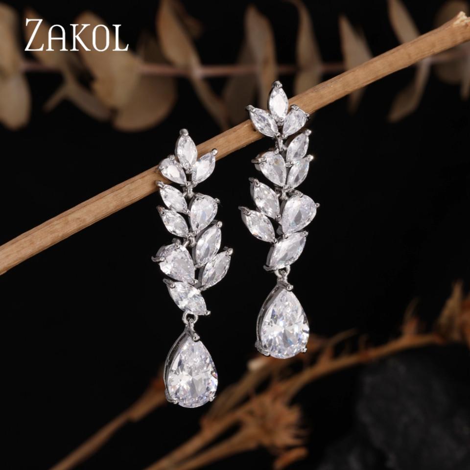 ZAKOL Luxury Flower Cubic Zirconia Bridal Earrings for Women Trendy Crystal Bling Drop Earring Wedding Party Jewelry