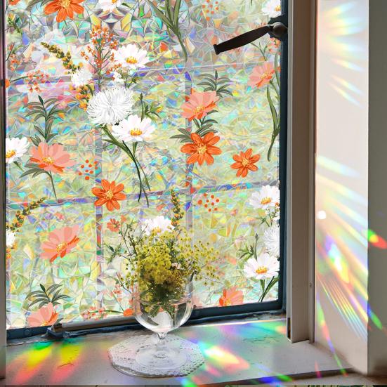 Rainbow Window Privacy Film Waterproof Static Cling Non-Adhesive Flower Pattern Sticker for Home Glass Windows Bedroom Living Room Decor