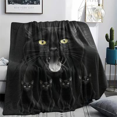 1Pc Black Cat Print Flannel Blanket, High Quality Comfortable for All Seasons, Home Decor, Warmth and Comfort, Perfect for Gifts
