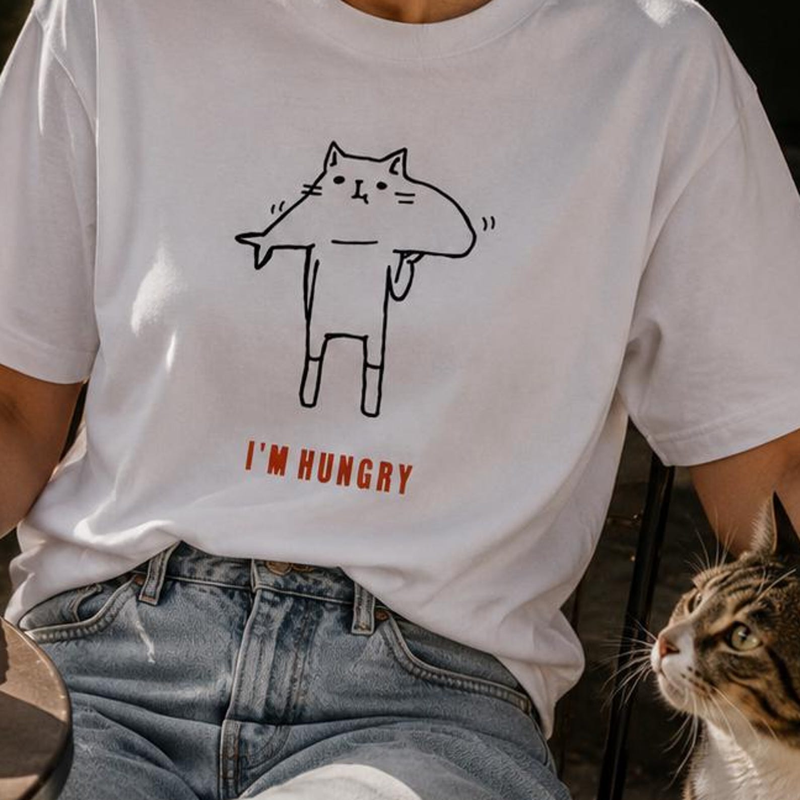 I AM HUNGRY Cat Sketch T-shirt | Minimal Funny Cat Line Art Tee 3XL