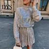 Solid Sequin Dress for Women Sequined Lace Up O-neck Long Sleeve Short Color Center of Attention Spring Autumn with Waist Tie Parties Weddings