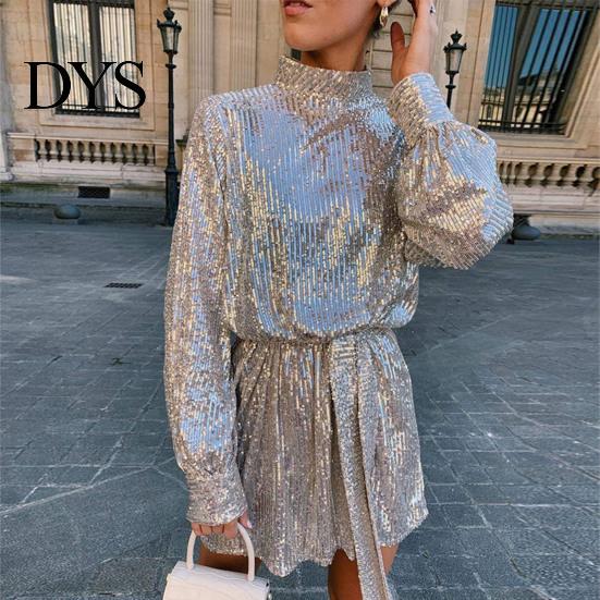Solid Sequin Dress for Women Sequined Lace Up O-neck Long Sleeve Short Color Center of Attention Spring Autumn with Waist Tie Parties Weddings