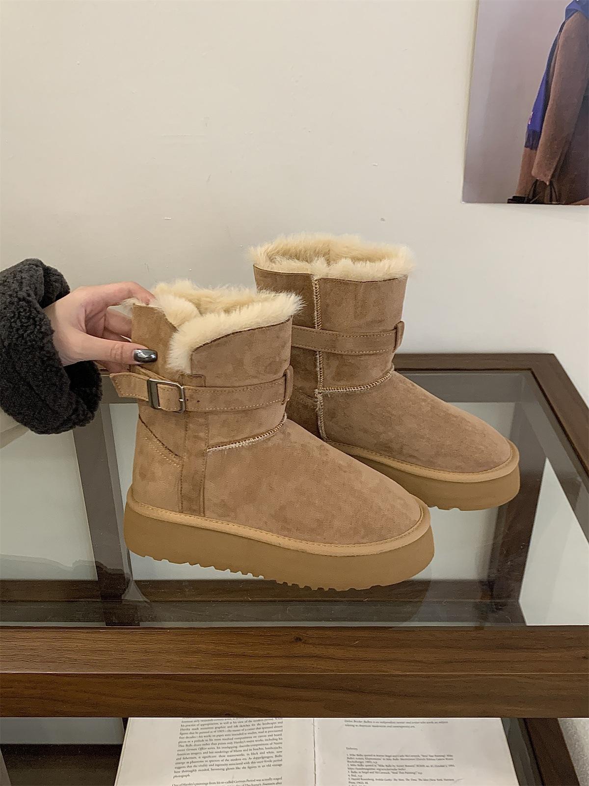 Thick-soled seasonal piled thickened warm snow boots women s boots medium tube snow cotton shoes fluffy boots short boots 40 хаки