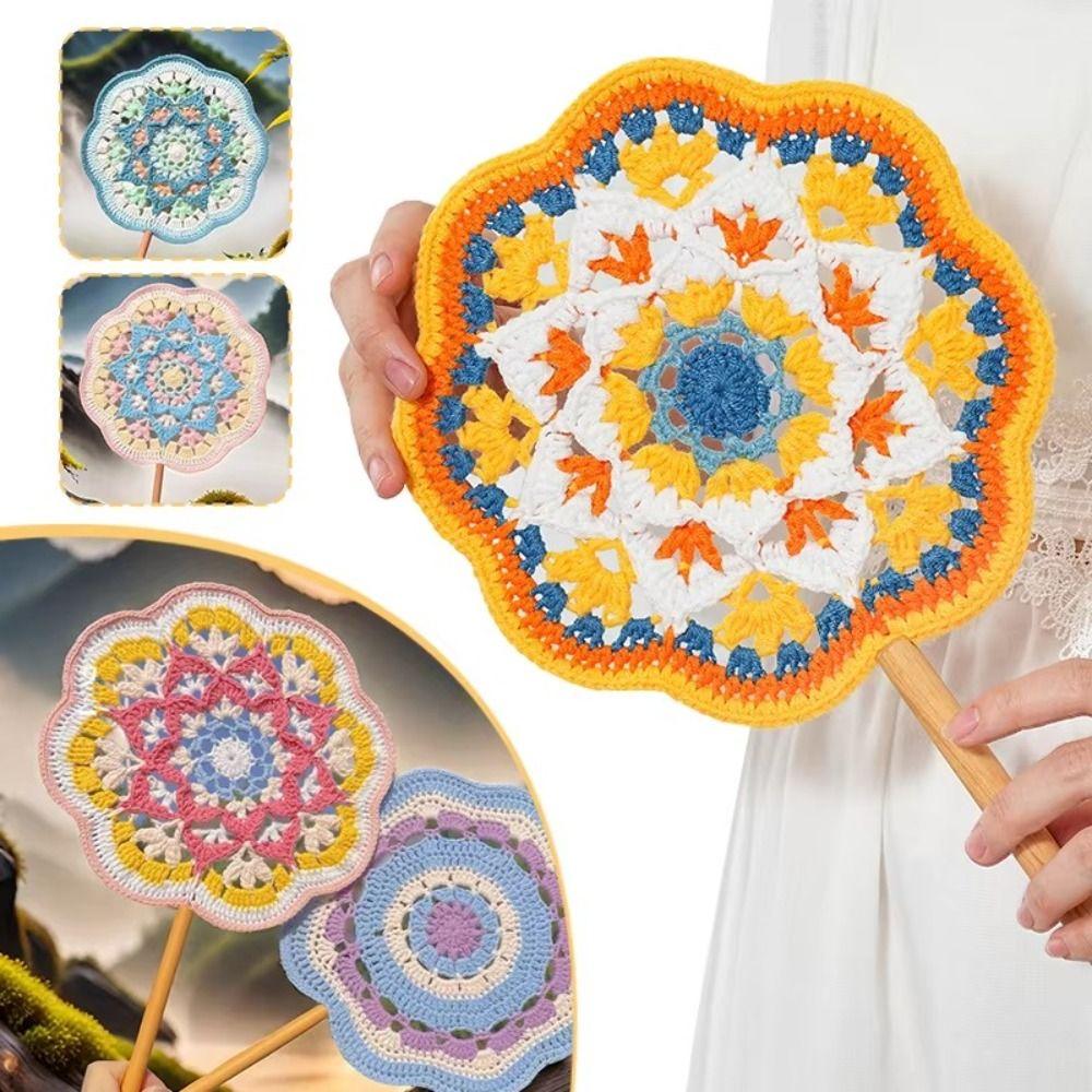 Yarn Hand Cranked Fan Handmade Decorative Craft Fan Crocheted Antique Style Fan  Women