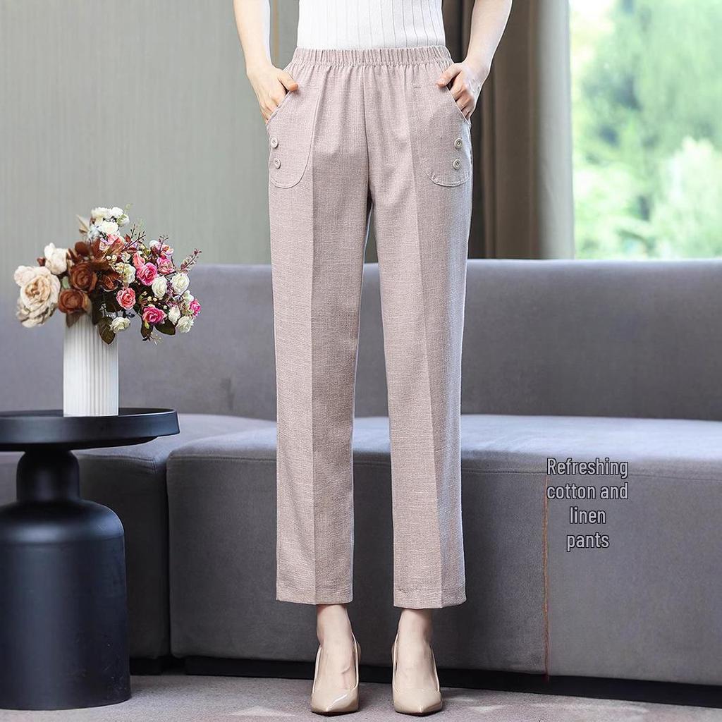 Women's High-Waist Cotton-Linen Summer Pants: Stylish, Elastic, Straight Fit for Middle-Aged and Elderly