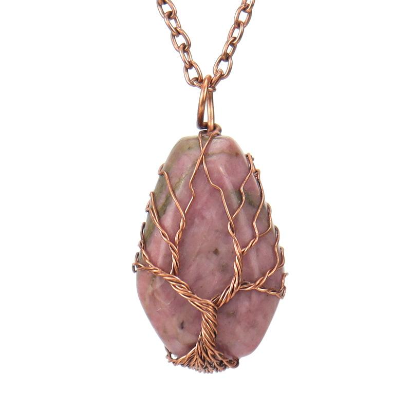 Handmade Ancient Red Copper Wound Tree Of Life Natural Crystal Stone Octahedron Necklace Fortune Tree Necklace N539