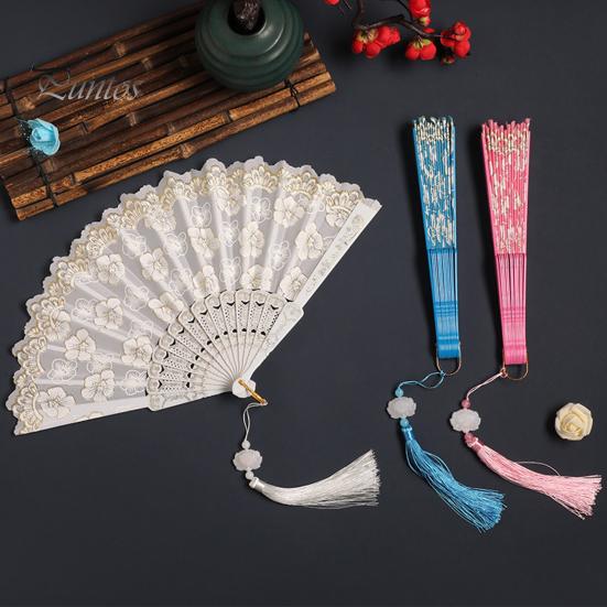 Elegant Handheld Fan Retro Lace Folding Portable Lightweight Chinese Dance Cherry Blossom Silk Cloth Pattern Women's with Tassel for Performance
