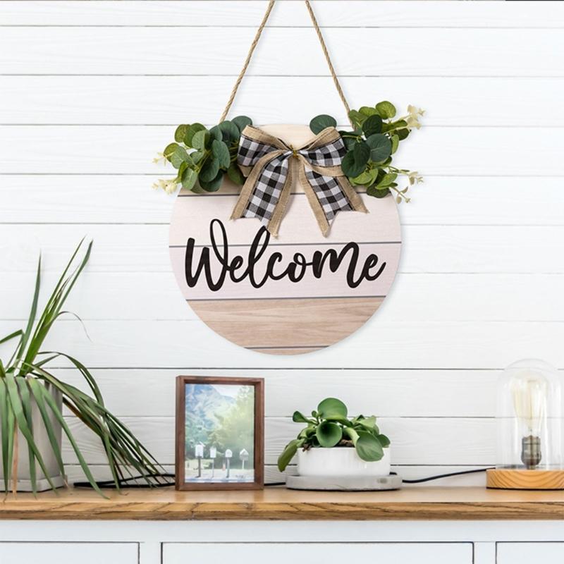 Welcome Front Door Round Wood Sign Hanging Eucalyptu Farmhouse Porch Spring Gift for Decorations