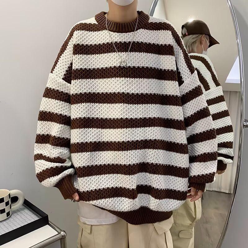 Kontrastfarben Gestreifte Strickpullover Herrenbekleidung Rundhals Herbst Winter Junger Stil Locker Lässig Gespleißte Pullover