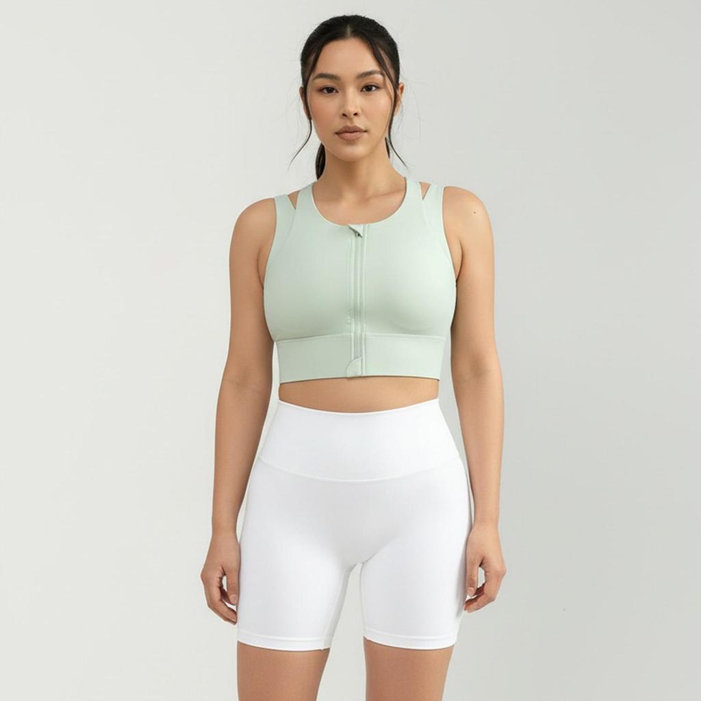 Light Green Front Zip Sports Bra with Fixed Pad: Shockproof and Stylish for Women