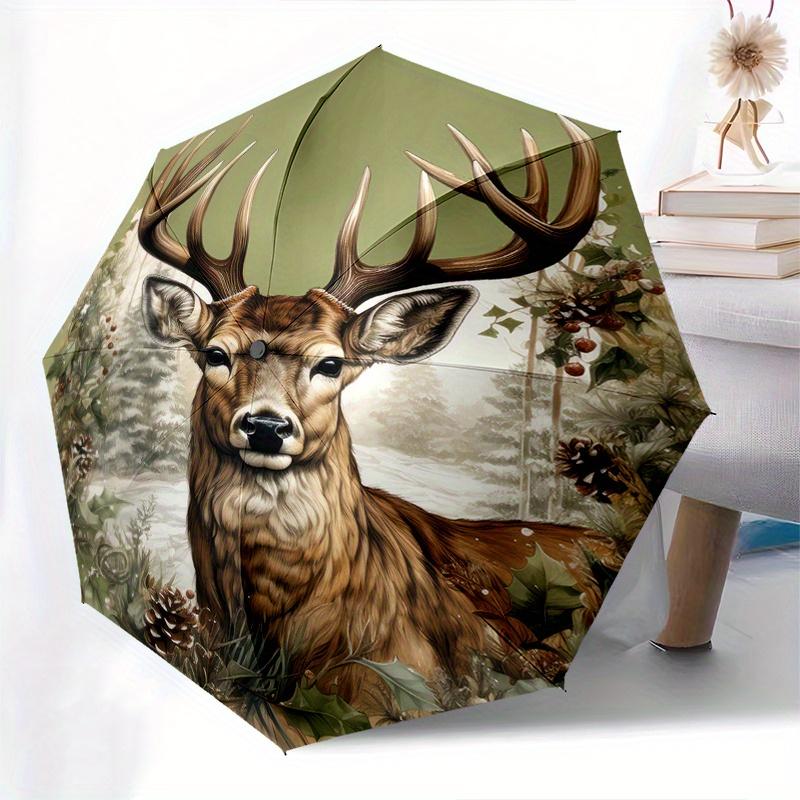 Deer, Winter Scene Automatic folding umbrella simple eight rib design, bright color pattern, durable iron frame, ideal for travel and outdo