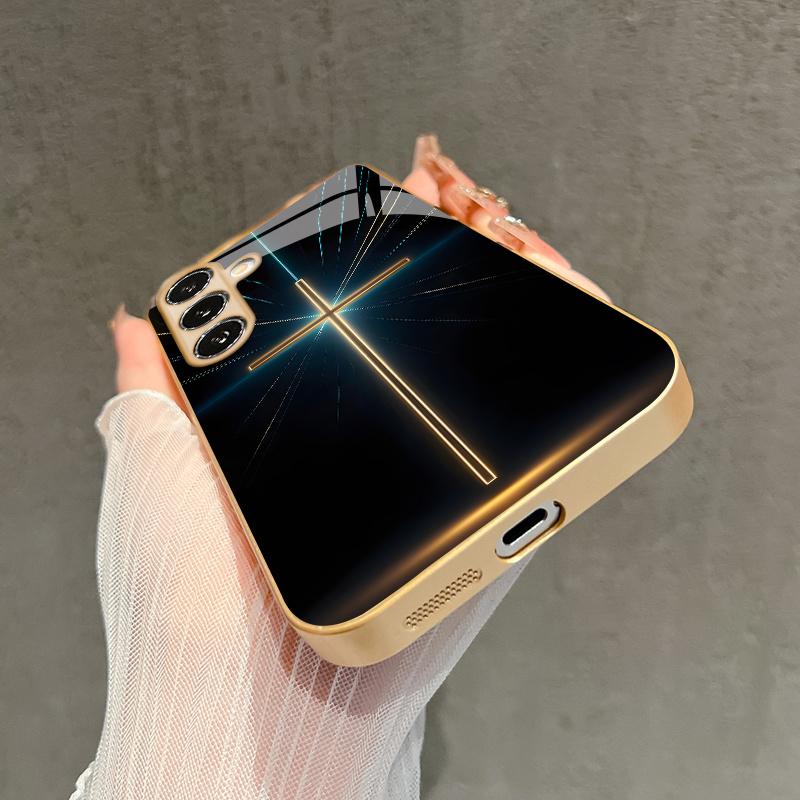 Neon Cross Pattern 2D Phone Case for Samsung S26 S25 S24 S23 S22 S21 S20 A56 A36 A16 Gold Glass Protective Cover