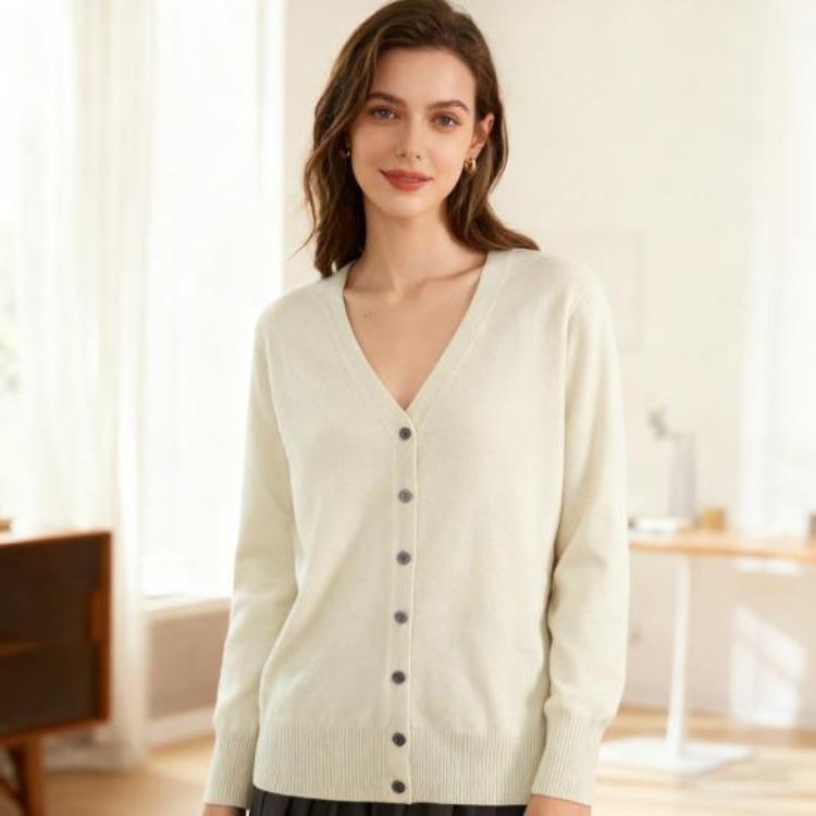 Women Long Sleeve V Neck Knitted Cardigan Solid Color Ribbed Trim Warm Sweater Coat Single Breasted