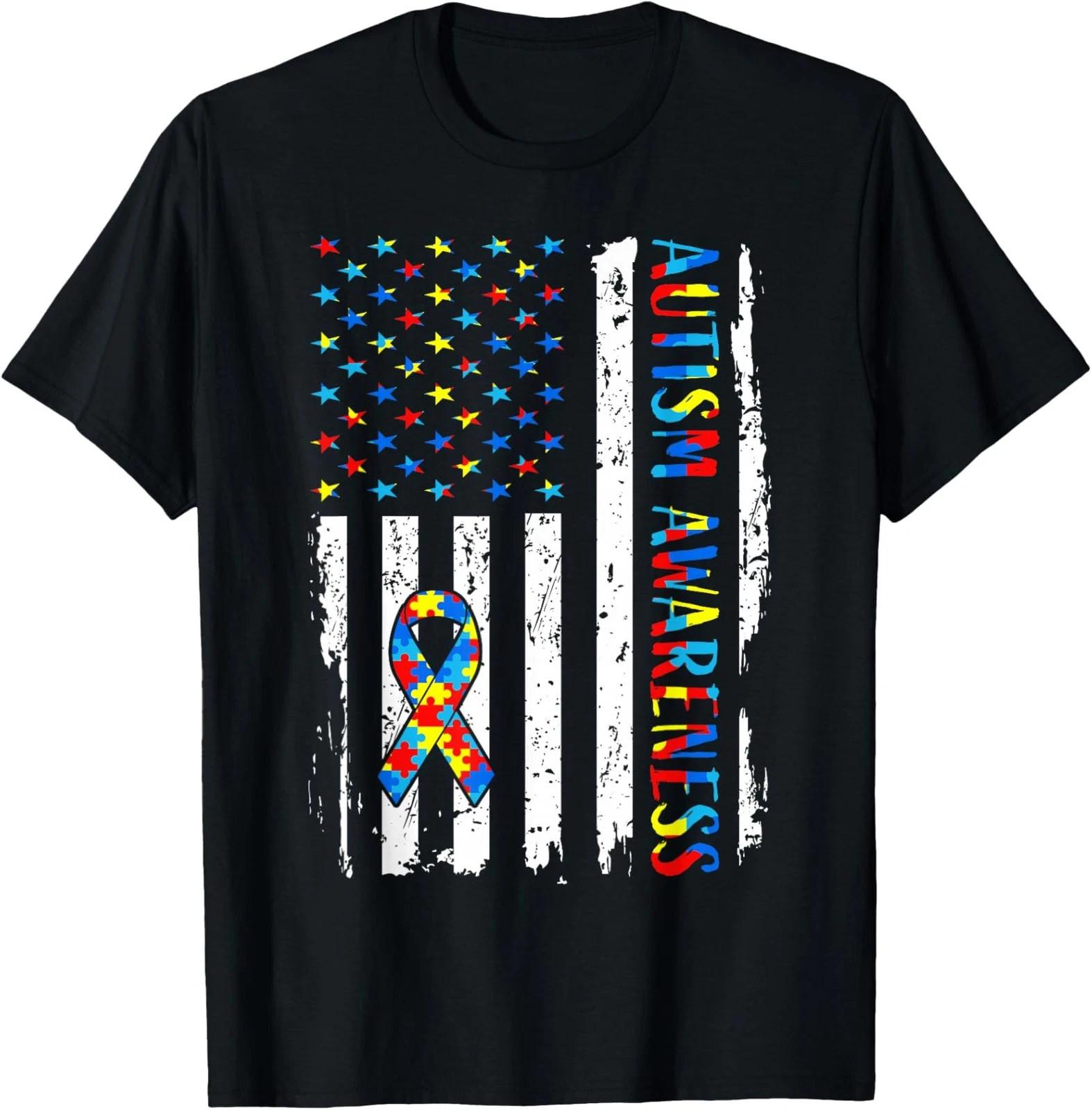 Autism Awareness Mom Dad USA Flag Pride Unisex T-Shirt S
