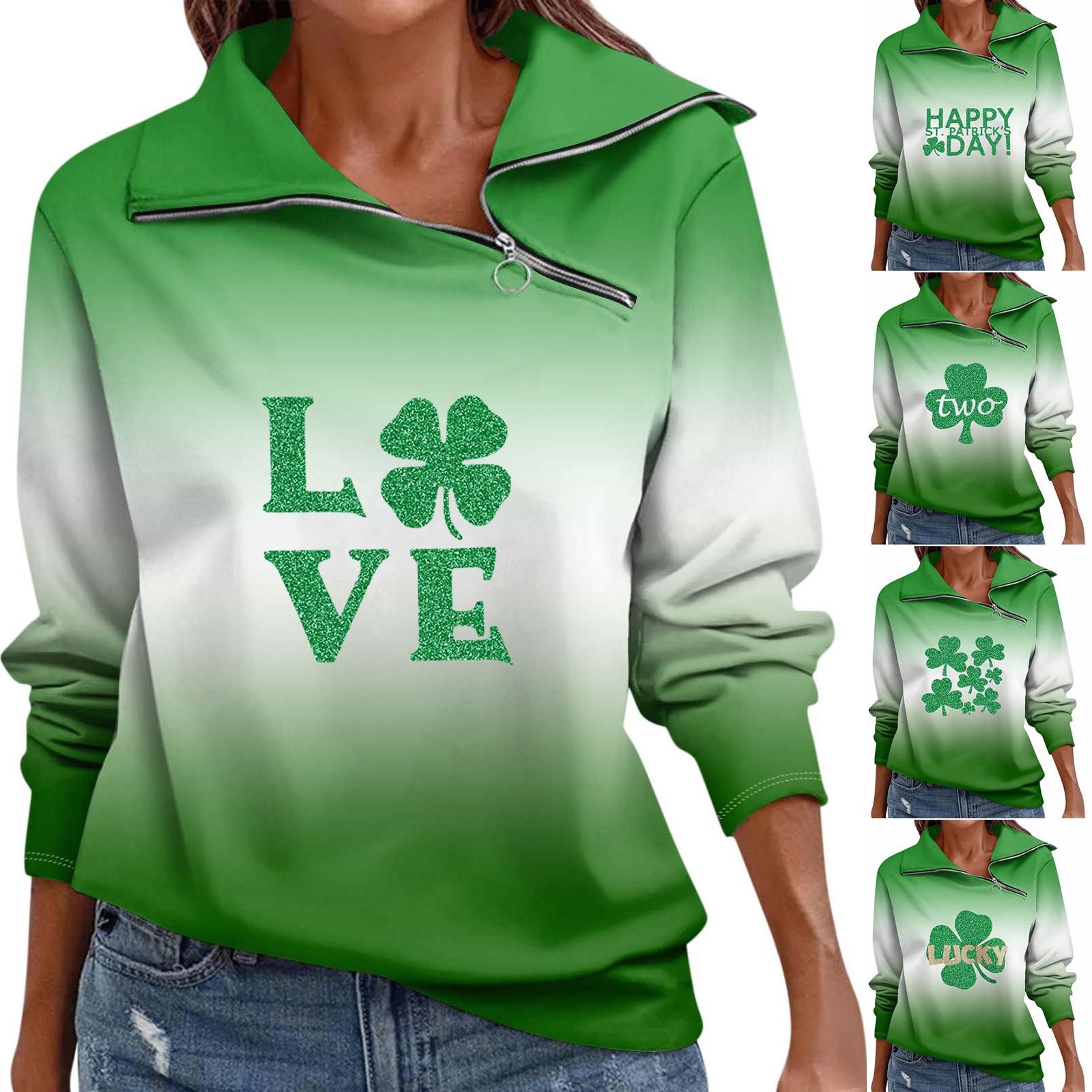 

Мода Свободный Для Женщин St. Спортивный свитер с принтом ко Дню Патрика, повседневный топ с V-образным вырезом и длинными рукавами, на молнии