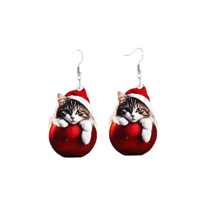Cross-border New Christmas Hat Cat Earrings Flat Acrylic Christmas Ball Decoration Festive Kitten Necklace Jewelry