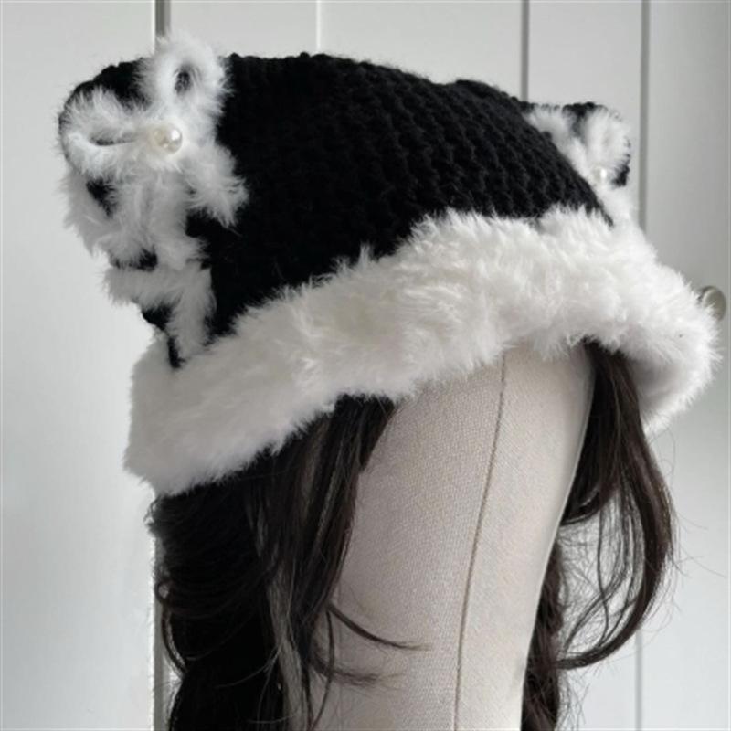 

Новая шапка ручной вязки с большими глазами и ушками медведя с бархатной каймой для взрослых, пуловер Adult 57-59cm