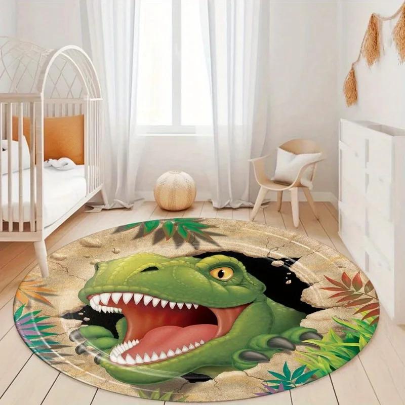 Cartoon Dinosaur Round Area Rug–Soft Washable Floor Mat for Kids' Room or Living Room – Non-Slip Play Area Carpet, Nursery Decor