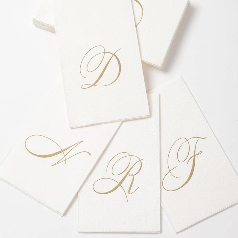 Caspari White Pearl & Gold Paper Linen Boxed Guest Towel Napkins in Letter I - Three Packs of 24