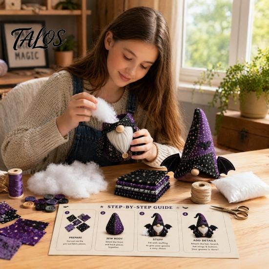 Fabric Sewing Kit Halloween Gnome Patchwork Kit, Witch Pumpkin Doll DIY with Pre-Cut Handmade Holiday Buttons Needle Thread, Cute Craft for