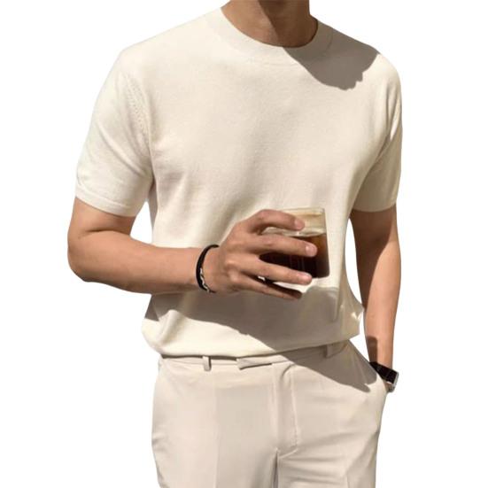 Summer Men T-Shirt Crew Neck Solid Color Short Sleeves Knitted Shirt Breathable Slim Fit Lightweight Basic Tee Casual Business Top