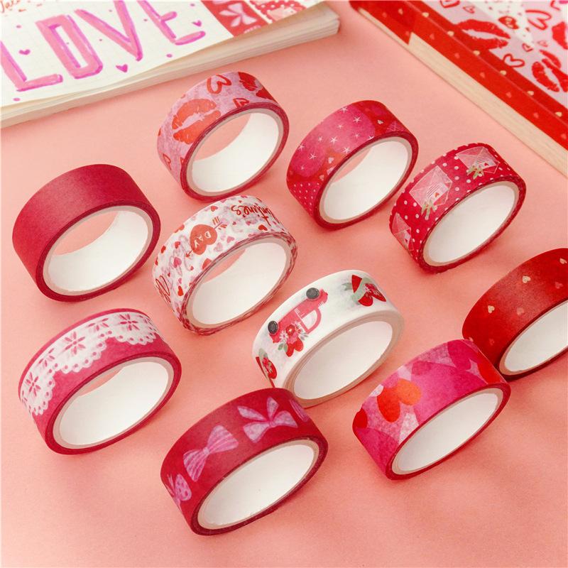 10pcs Valentine's Day Paper Washi Tape Set 15mm Sweet Love Letter Adhesive Masking Tapes Diary Decoration Stickers