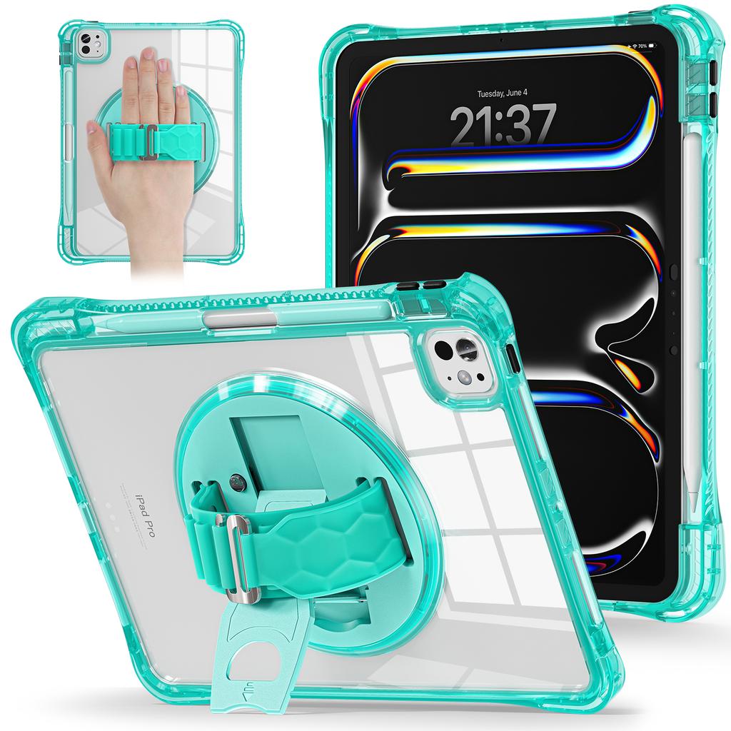 For iPad Pro 11 (2024) Case Hand Strap Kickstand PC+TPU+Acrylic Clear Tablet Cover