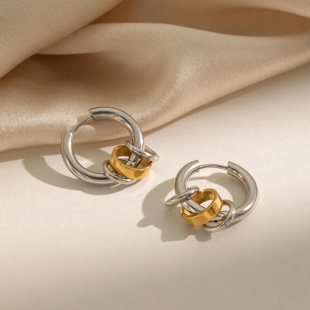 Xia Ling 18K Gold Double Layer Circle Earrings - Stylish Stainless Steel Metal Ear Cuffs for Women.