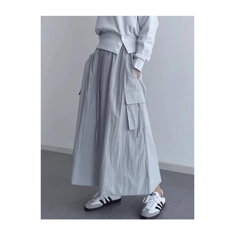 Sør-Korea elegant vårfarget retro allsidig elastisk midje snøring med store lommer design løst avslappet cargoskjørt for kvinner