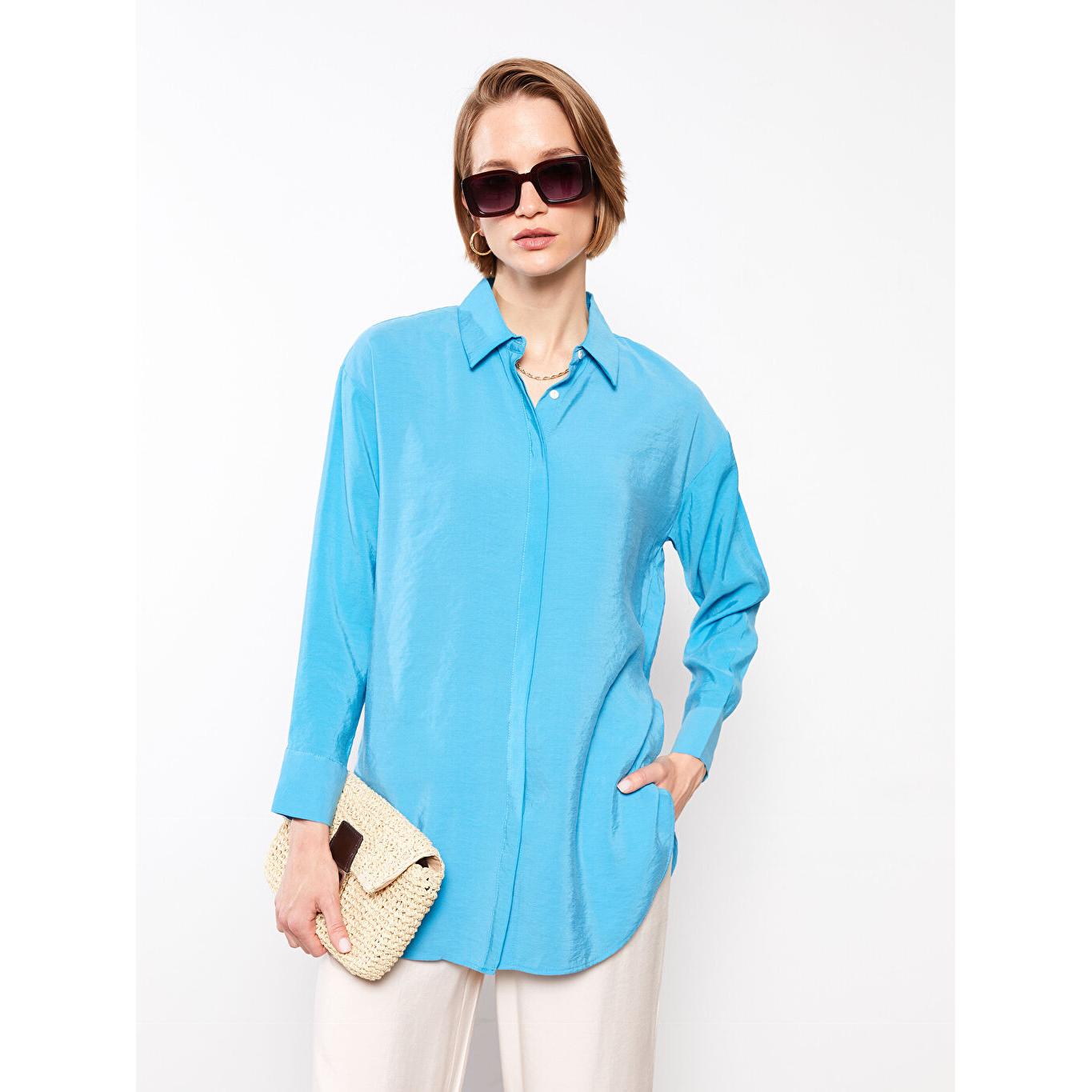 

LCW CLASSIC Рубашечный воротник Прямая женская туника с длинным рукавом синяя