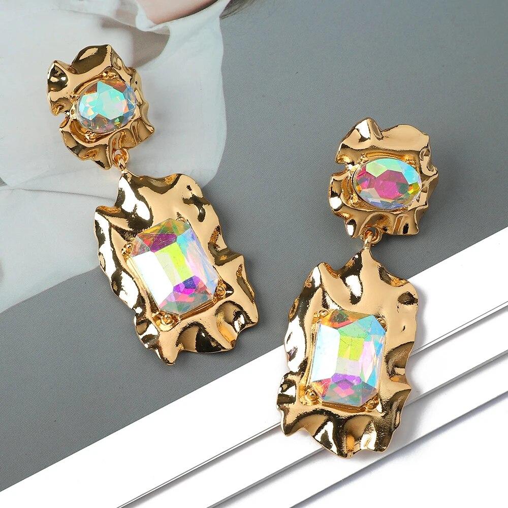 Fashion Glossy Metal Inlay Shiny Glass Charm Decor Big Dangle Earrings For Women Luxury Design Wedding Party Jewelry Accessories