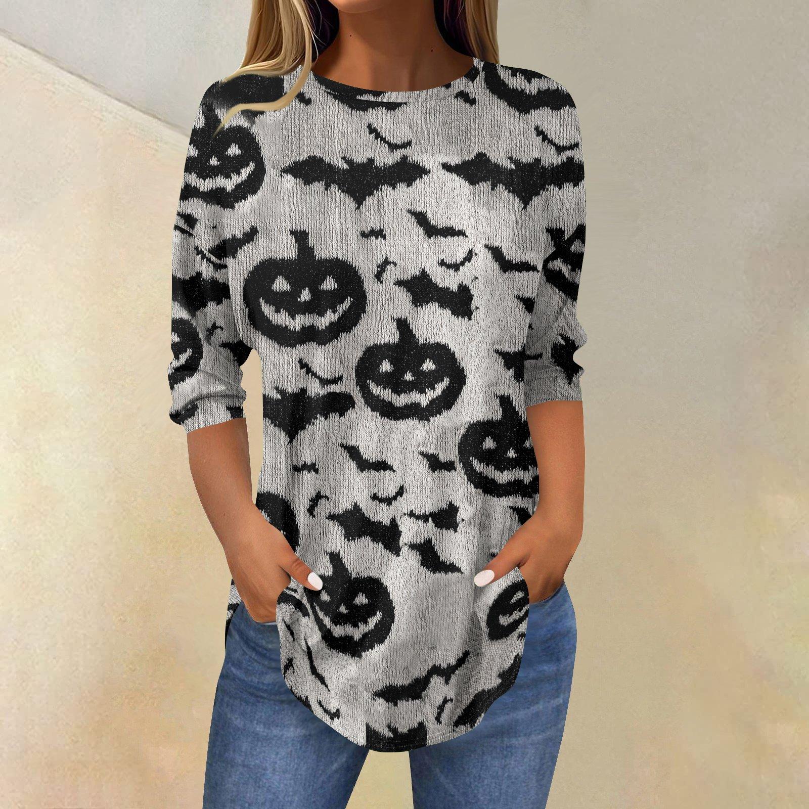 Women s Halloween Floral Print Three-Quarter Sleeve Neck T-Shirt Top M