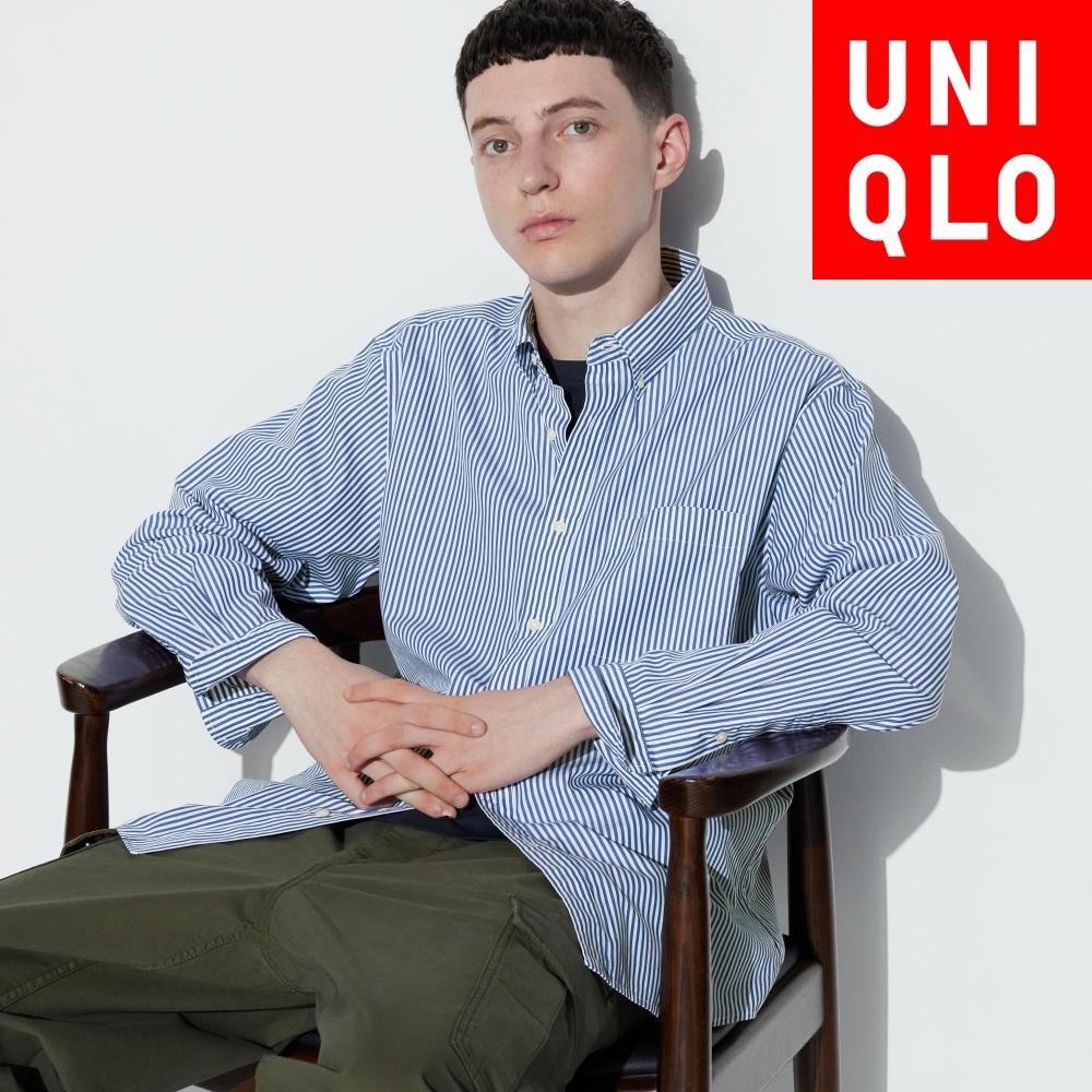 

UNIQLO Рубашка в широкую полоску из очень тонкого хлопка с длинными рукавами A 66 BLUE/Men S