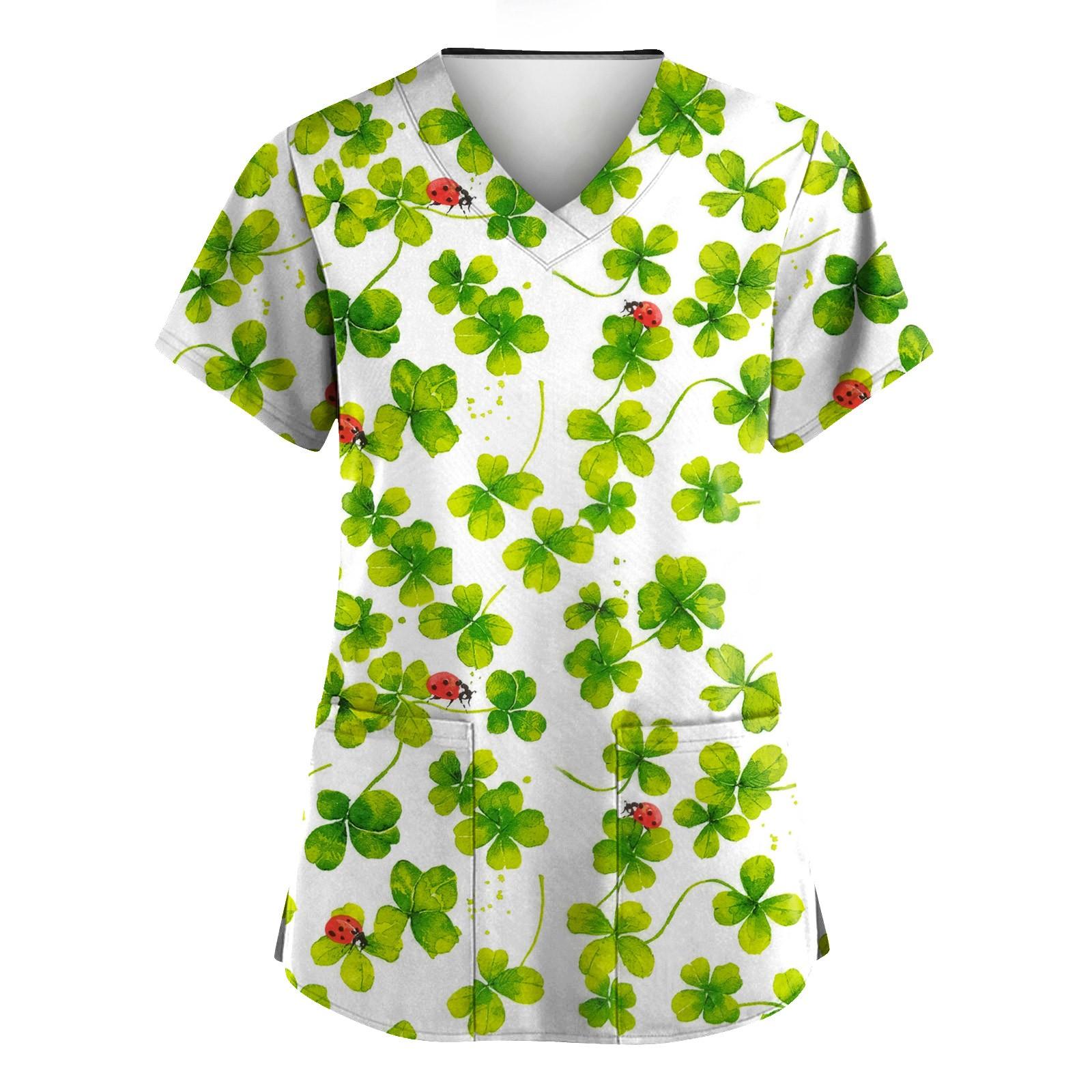 

Женская мода с v-образным вырезом, короткими рукавами и карманами, топы с принтом L красный