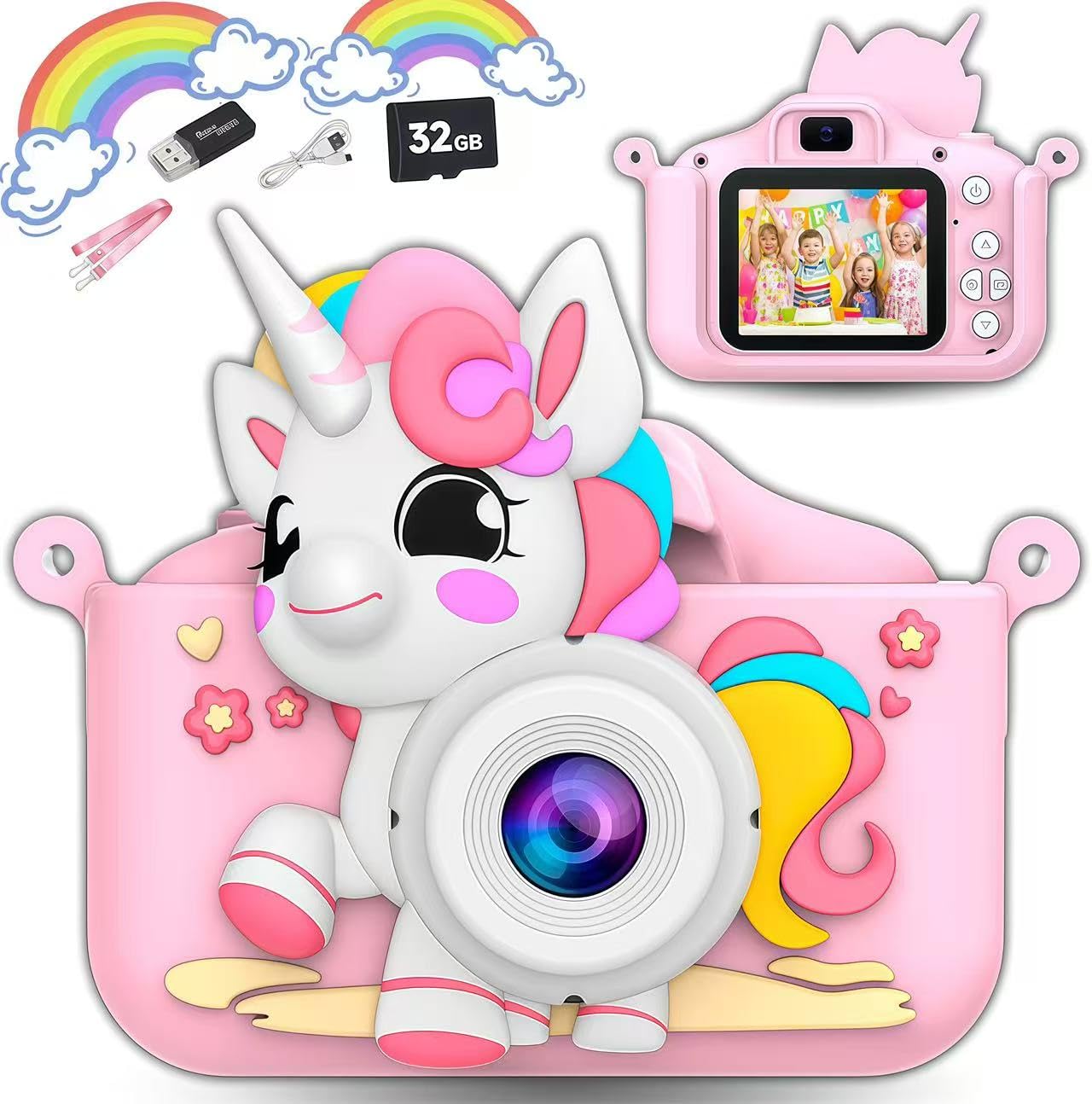 

VCYCTO Kids a toy camera for features 1080P HD 48MP 8500 photo a 32GB SD card selfie a IPS 8x 5 and a unicorn protective Perfect as a birthday or розовый