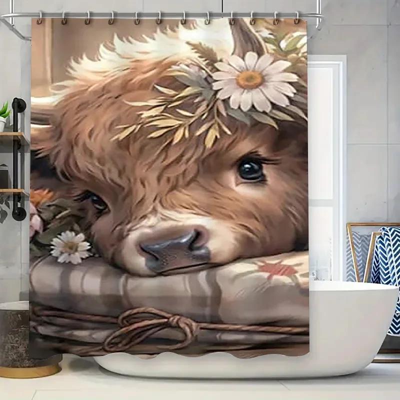 Niedliche Hochlandkuh mit Blumen Wasserdichter Duschvorhang Hitzebeständig Maschinenwaschbar Nicht-Transparent 180x180cm