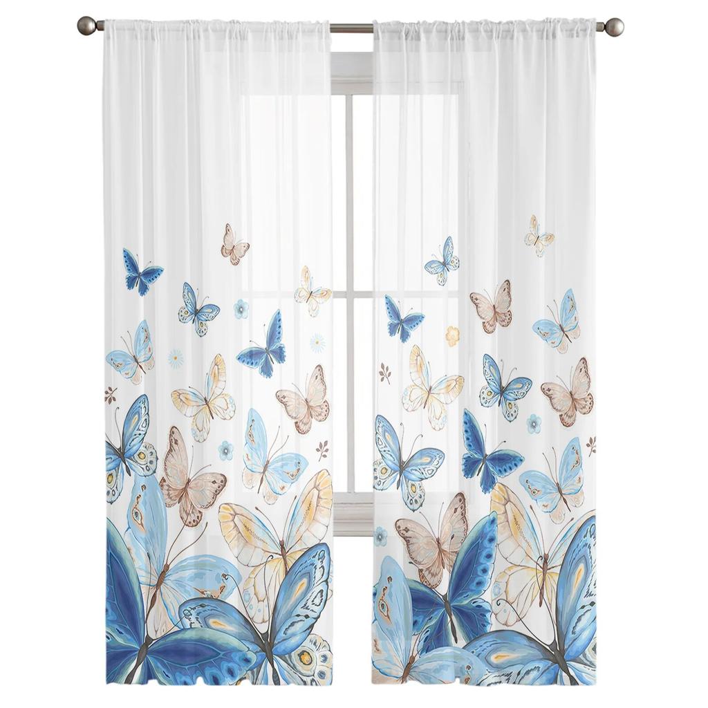 Pastoral Butterfly Flower Gradient Sheer Curtains For Living Room Bedroom Tulle Curtain For Kitchen Voile Curtain Blind Panels