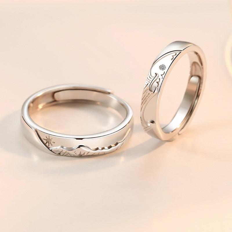 Matching Rings Mountain Sea Promise Band Rings Open Ring Adjustable Lovers Ring Set for Him Her Girlfriend Boyfriend
