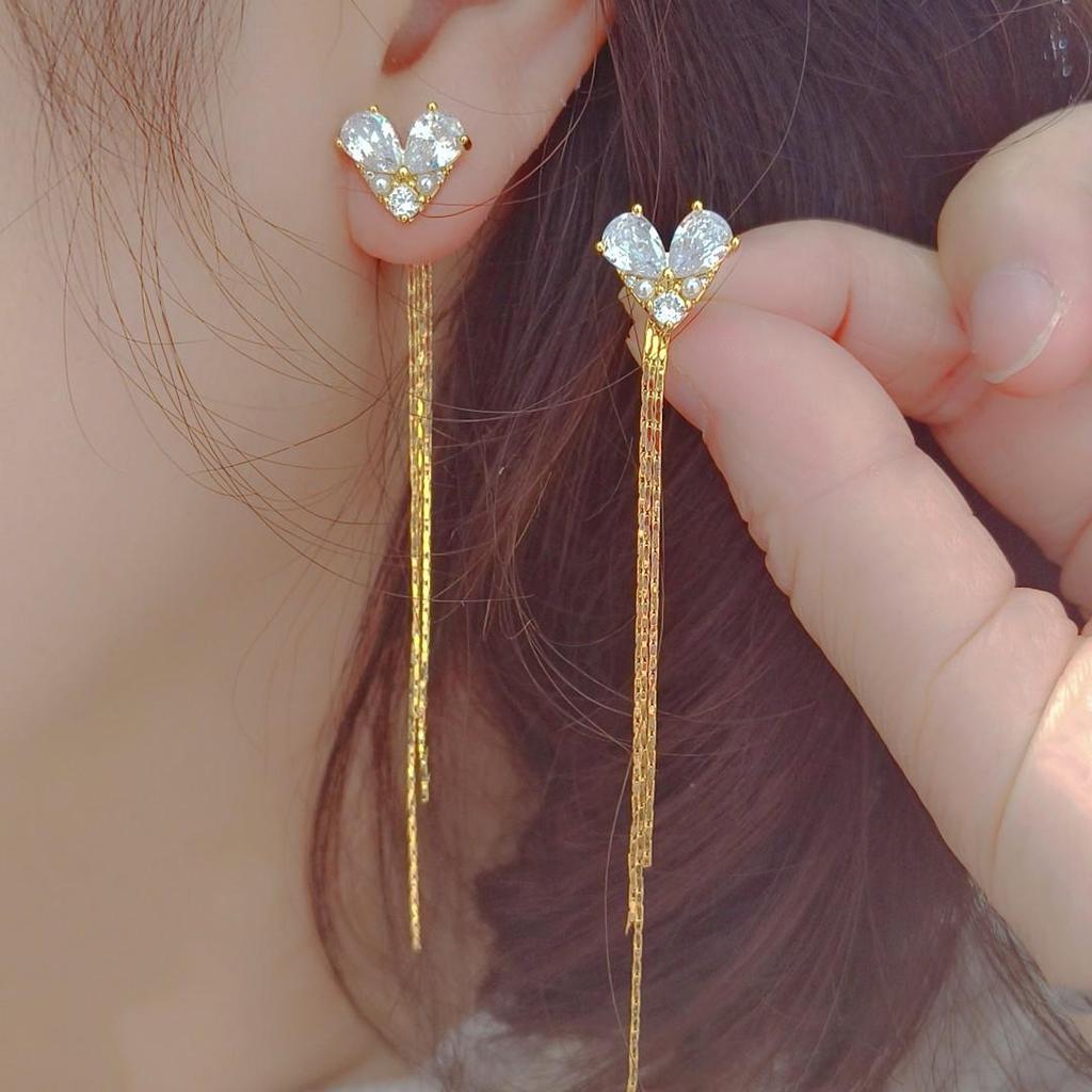 Elegant Zircon Pearl Heart Tassel Earrings for Women