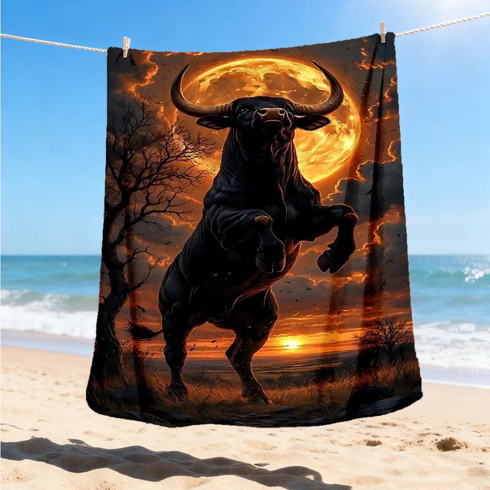 1pc Bull Sunset Landscape Throw Blanket Polyester Fiber, Lightweight Flannel, Soft & Warm, All Season Use for Outdoor, Camping Digital Print