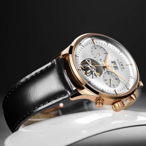 Carnival Men's Automatic Skeleton Leather Watch in Rose Gold and White