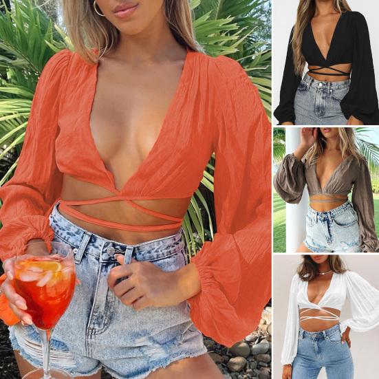 

Дышащая женская блузка с перекрестной шнуровкой и открытым пупком, глубоким v-образным вырезом и рукавами-фонариками