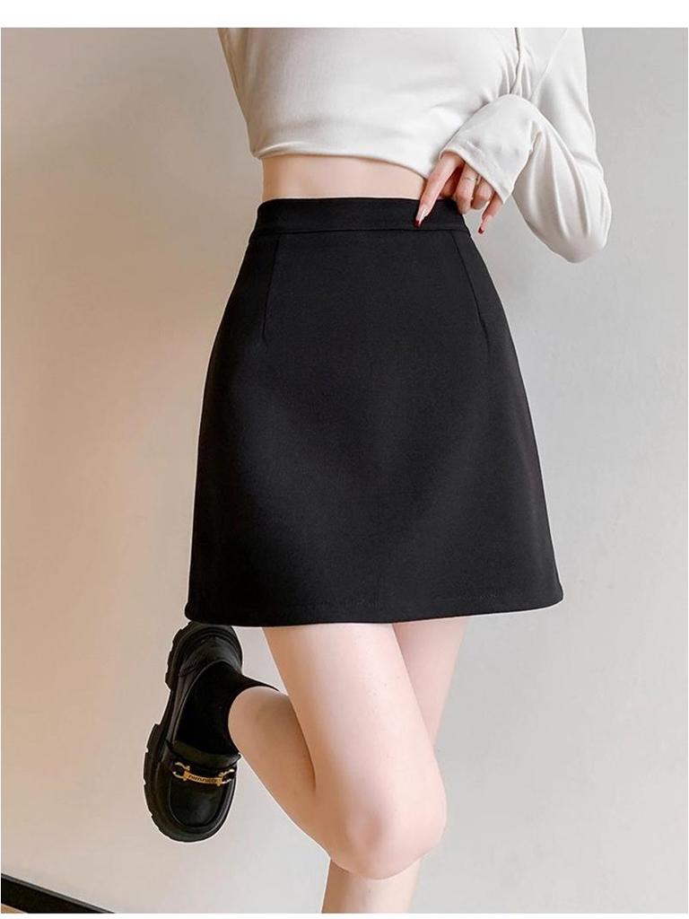Pleated Woolen Safety Shorts Skirt with Zipper: Solid Color A-Line Hip-Hugging Skirt for Autumn/Winter