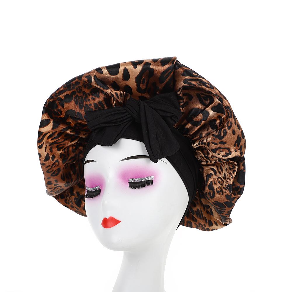 Leopard Print Wide Brim Sleep Cap with Bowknot - Faux Silk Hair Care Turban
