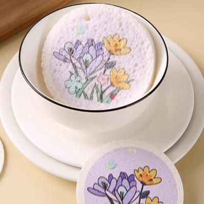 Spugna per Pulizia Cucina in Pasta di Legno Compressa Straccio di Cotone Spugna Lavapiatti Mop Rotondo Stampa Fiori Spessore Spugna 1,85 cm Dopo l'Immersione