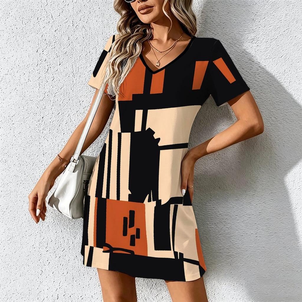 Moda Estiva Donna Scollo a V Fantasia Astratta Stampata Vestito Corto Sexy Vestiti