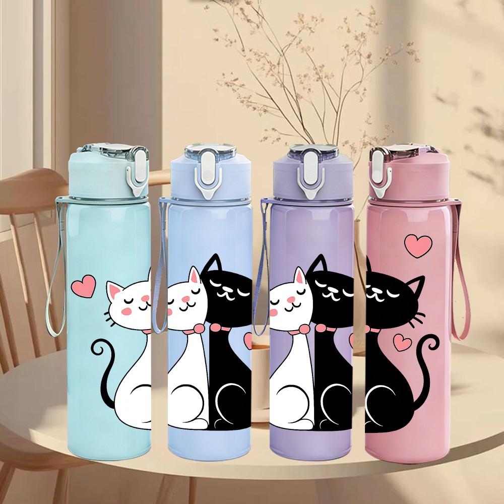 1PC Twin Cats Love Heart Cartoon 750ml Color Plastic Sports Water Bottle Leakproof Flip Straw Lid Suitable for Sports Office Home Use