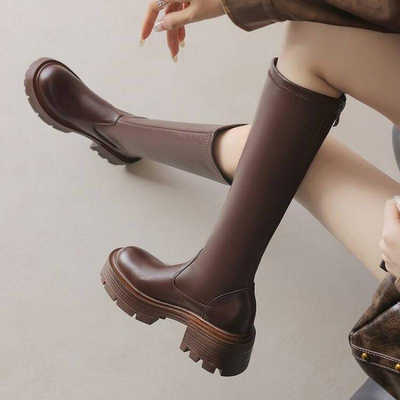 Autumn and winter leather knight boots women's comfortable platform large size women's boots square heel high heels round head new high boots women