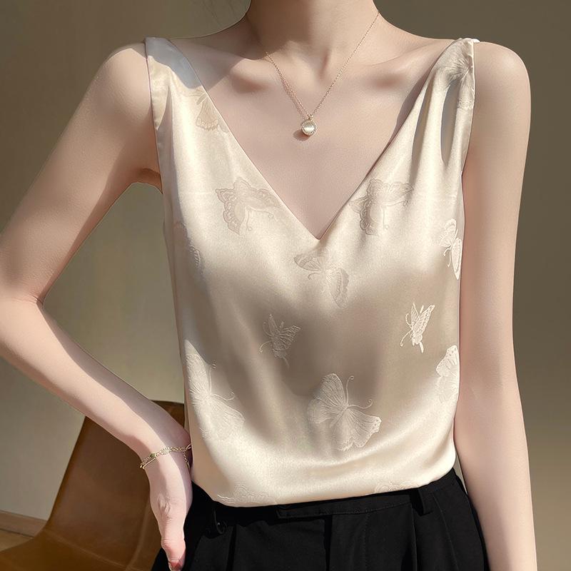 2023 Summer Women's V-Neck Silk Satin Camisole with Draped Silhouette