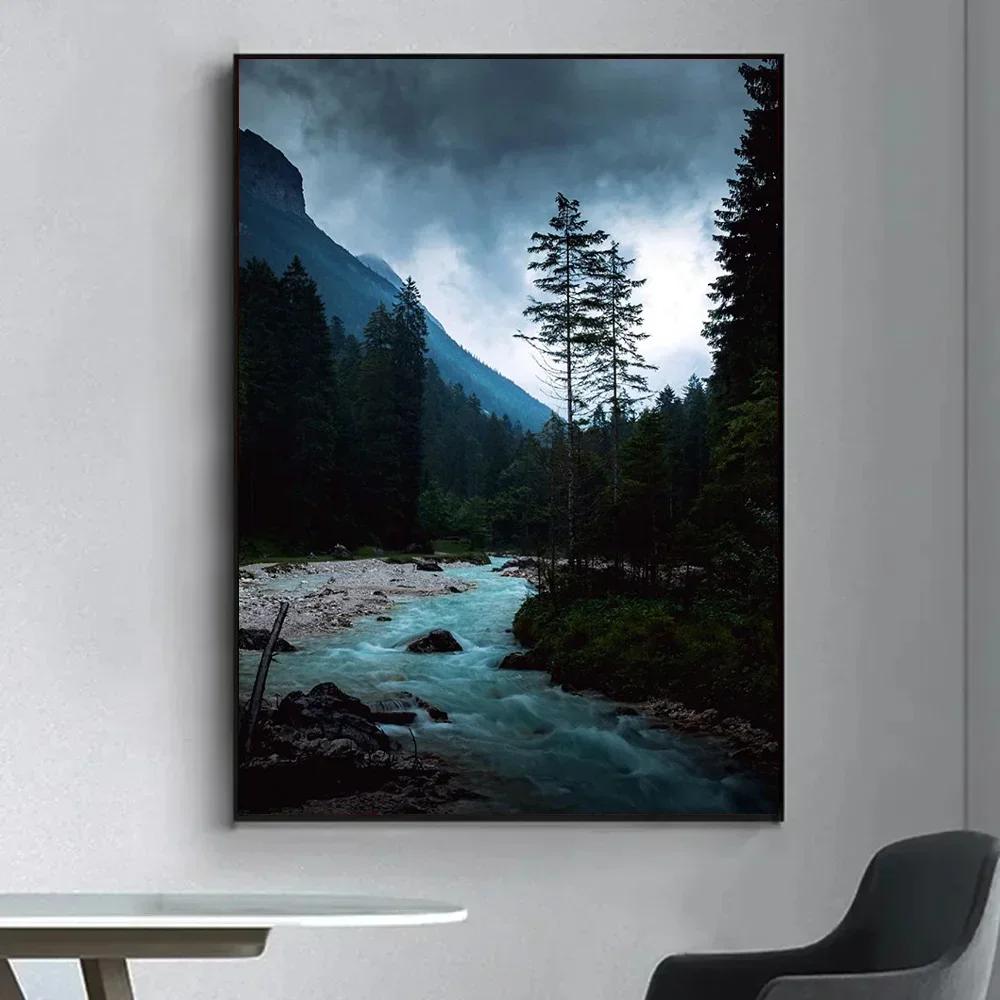 1 Stück Dunkelgrüne Wald Neblige Berglandschaft Natur Szenerie Poster Selbstklebend Kunst Wasserdichtes Papier Aufkleber Wanddekor